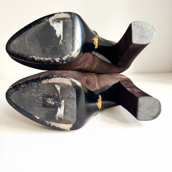 Prada Chocolate Brown Suede Classic Stacked Heel Booties 39.5 - Picture 8 of 11